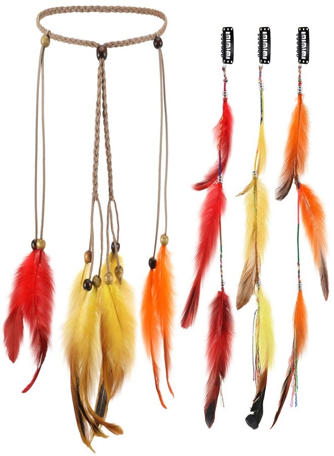 XunYee 3 Pack Feather Hair Clips 1 Boho Feather Headband Hippie Hair Extension with Clip Comb Set for Women Costume(Orange,Classic Style) - Image 1
